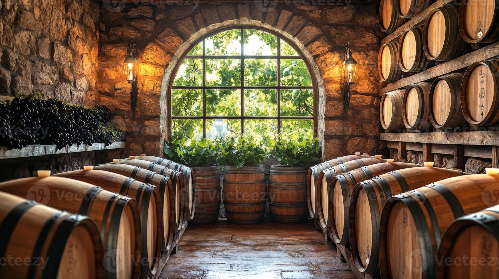 Inside a rustic winery, wooden barrels are neatly arranged along the stone walls. A large window reveals vibrant green vineyards, inviting natural light. This setting exudes charm and tranquility. photo