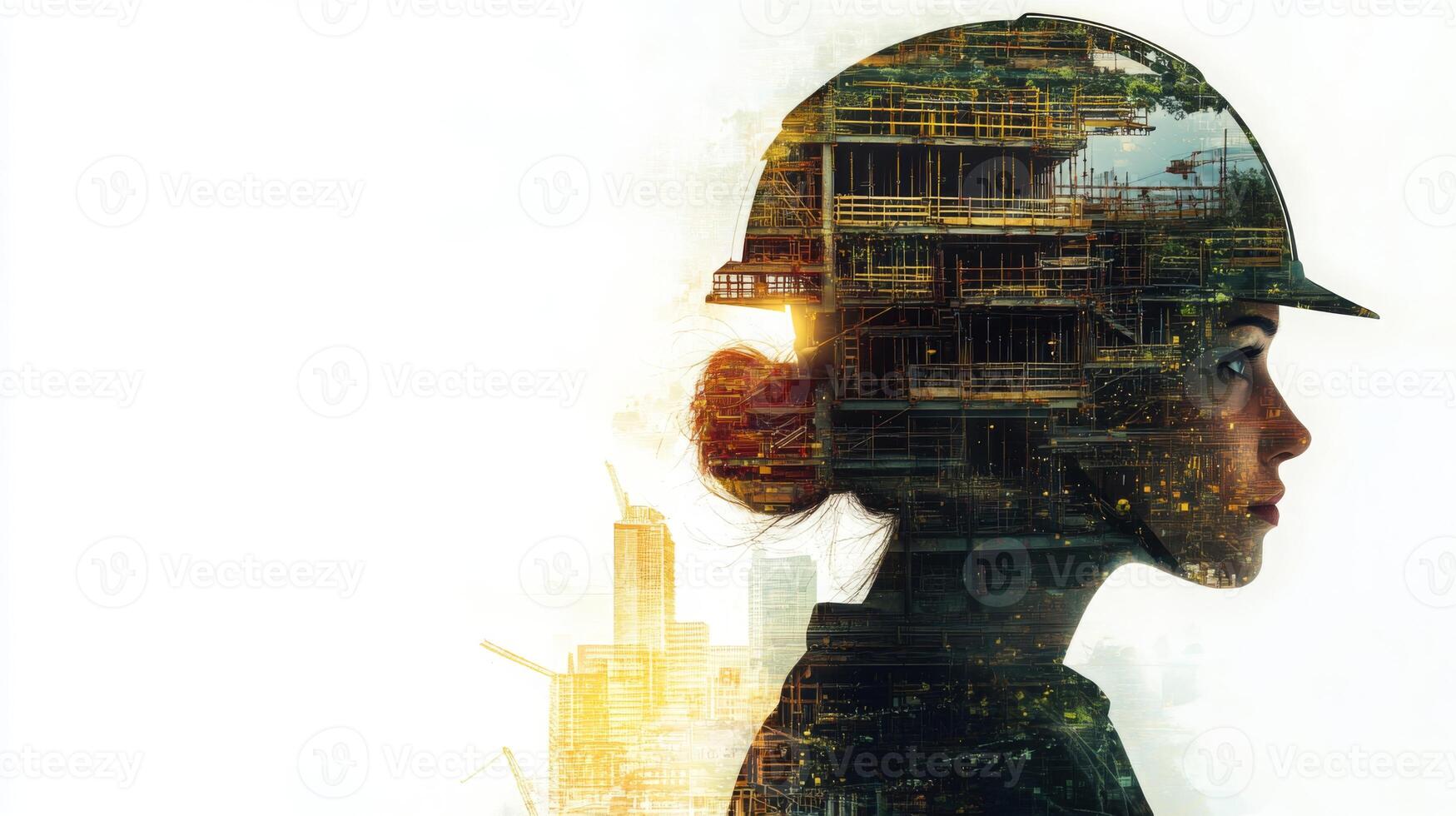 A woman in a hard hat stands against a backdrop that blends her profile with urban skyscrapers and construction sites, showcasing the intersection of technology and real estate. photo
