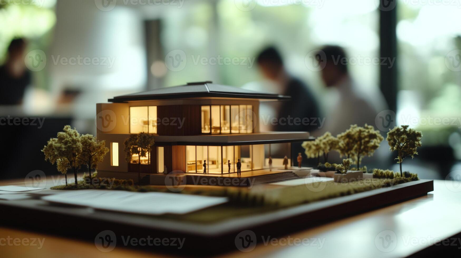 A detailed model of a contemporary house is displayed on a table in a modern office. photo