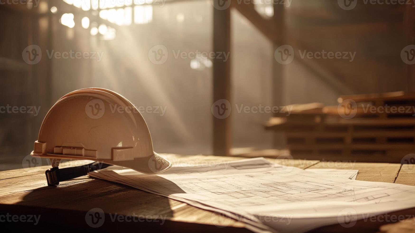 A safety helmet rests on a wooden table alongside detailed construction plans. Sunlight streams through the workspace, creating an inspiring atmosphere for real estate projects under development. photo