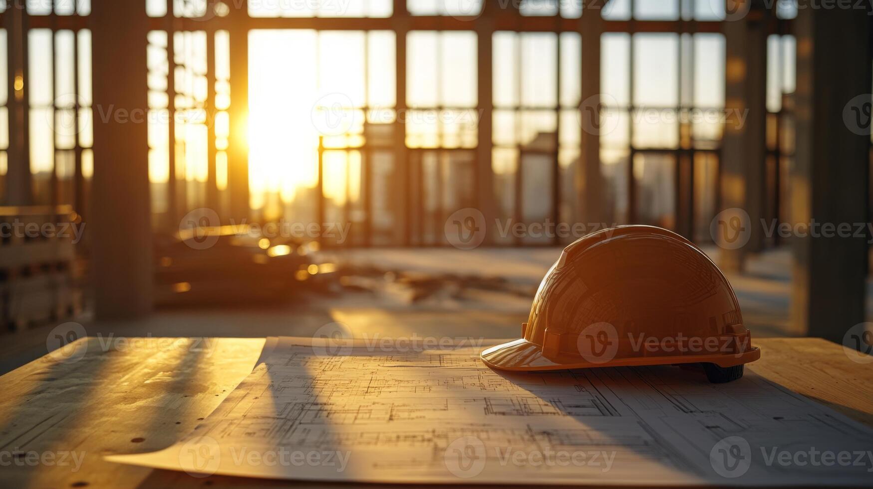 The warm light of sunset illuminates a construction site where a safety helmet rests on blueprints. This moment captures the ongoing efforts in the real estate sector during the golden hour. photo