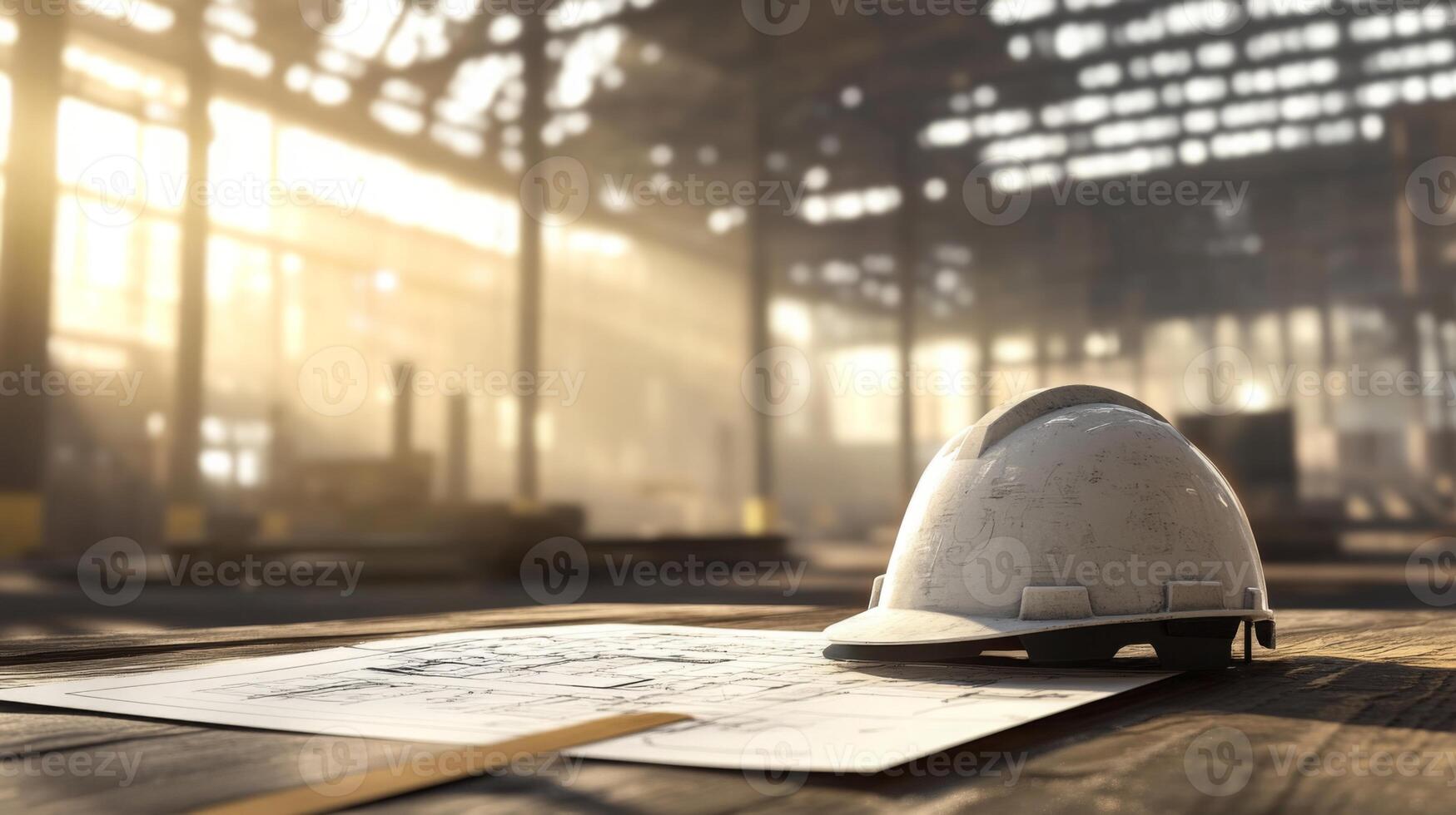A hard hat rests on top of architectural plans inside a spacious warehouse. photo