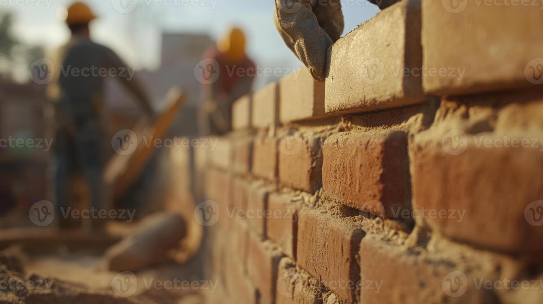 Skilled laborers are busy constructing a brick wall in a new real estate project at sunset. The warm light enhances the building activity, showcasing teamwork and craftsmanship in action. photo