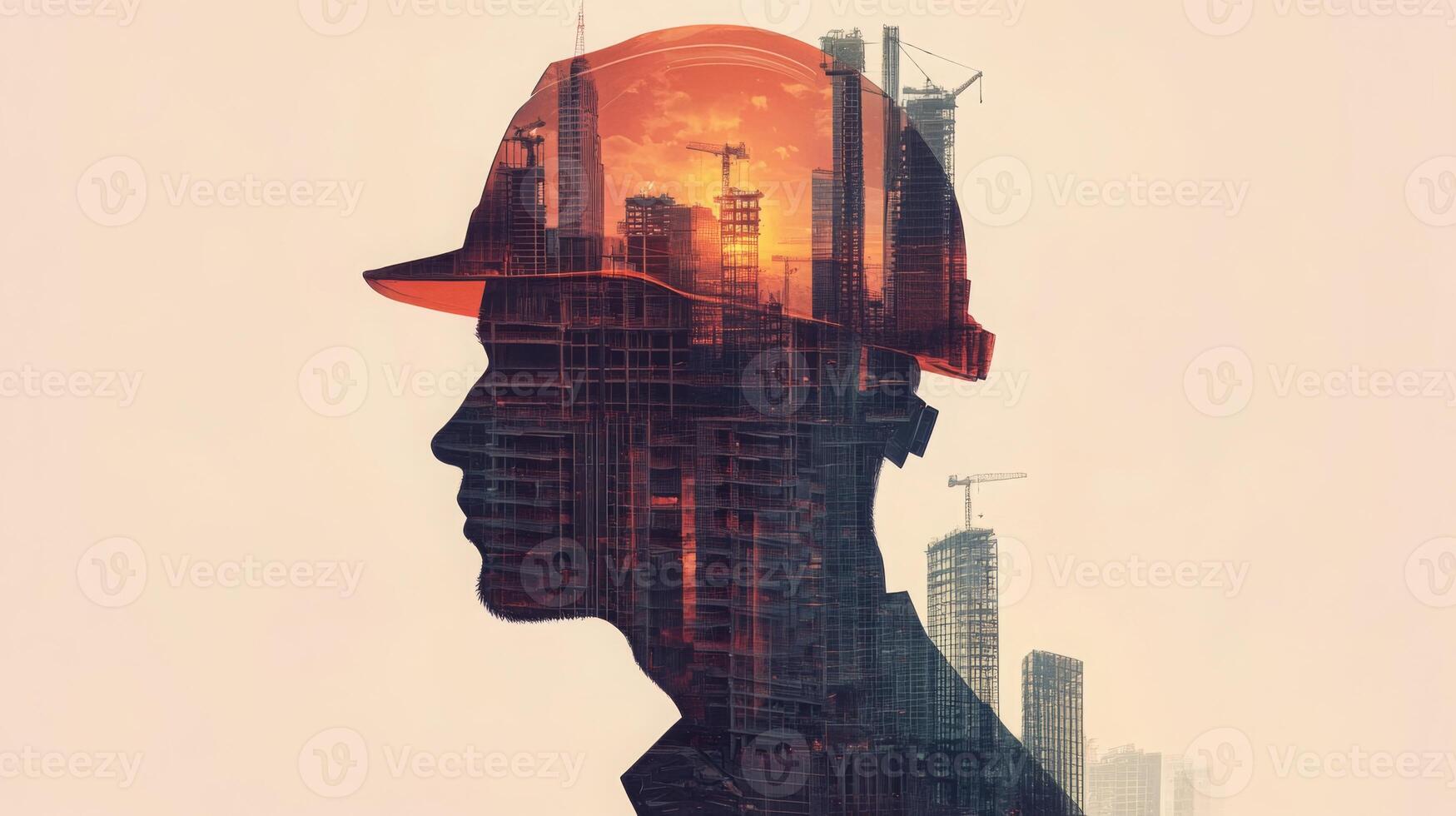 A silhouette of a construction worker wearing a safety helmet is overlaid with skyline images of cranes and buildings at sunset. photo