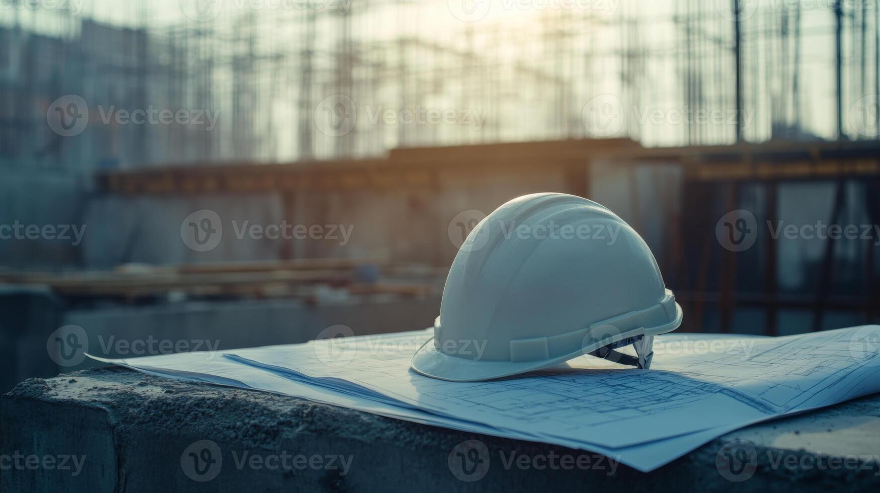 A hard hat rests on top of blueprints at a construction site during sunset. The skeletal structure of a building is visible in the background, symbolizing ongoing development. photo
