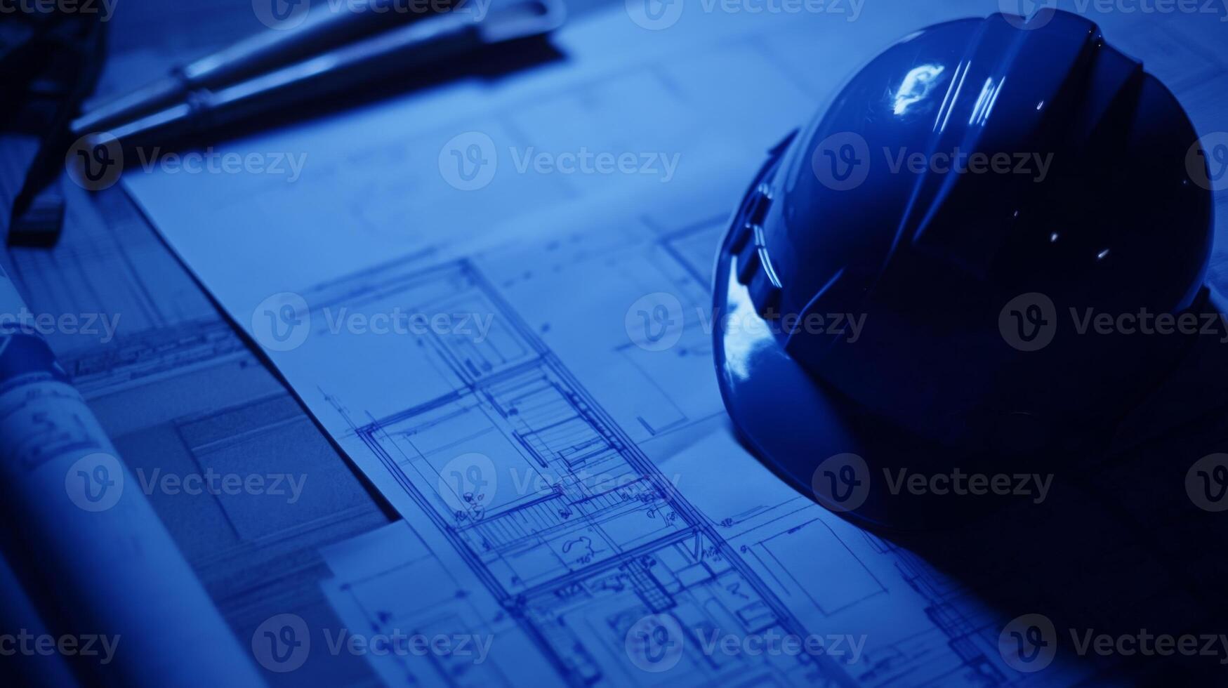 Construction planning involves analyzing blueprints and using safety gear. This process is crucial for successful real estate projects, highlighting the importance of careful design and preparation. photo