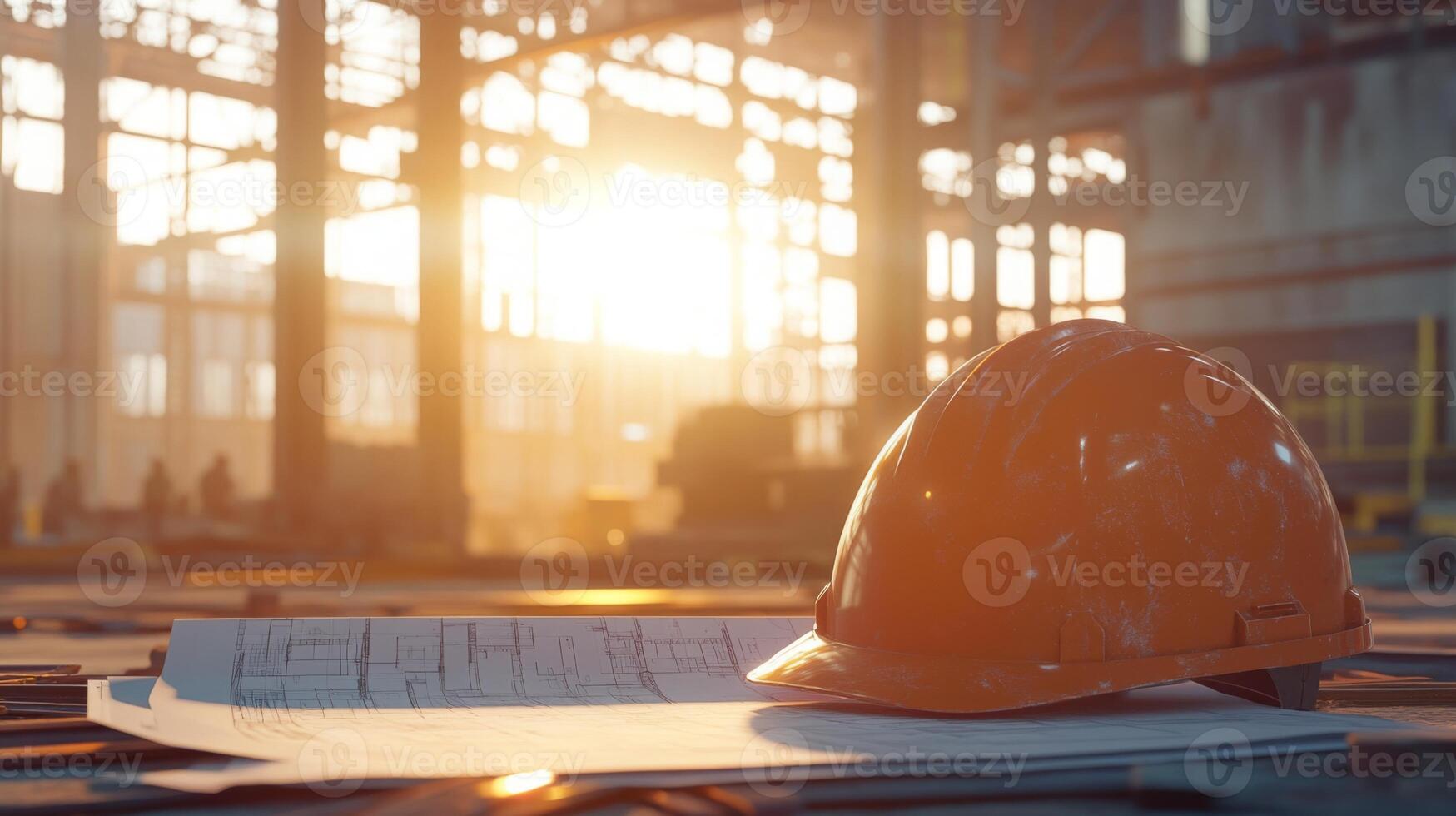 An orange safety helmet rests on top of architectural plans at a construction site. The warm glow of sunset filters through the building, highlighting the busy environment and ongoing work. photo