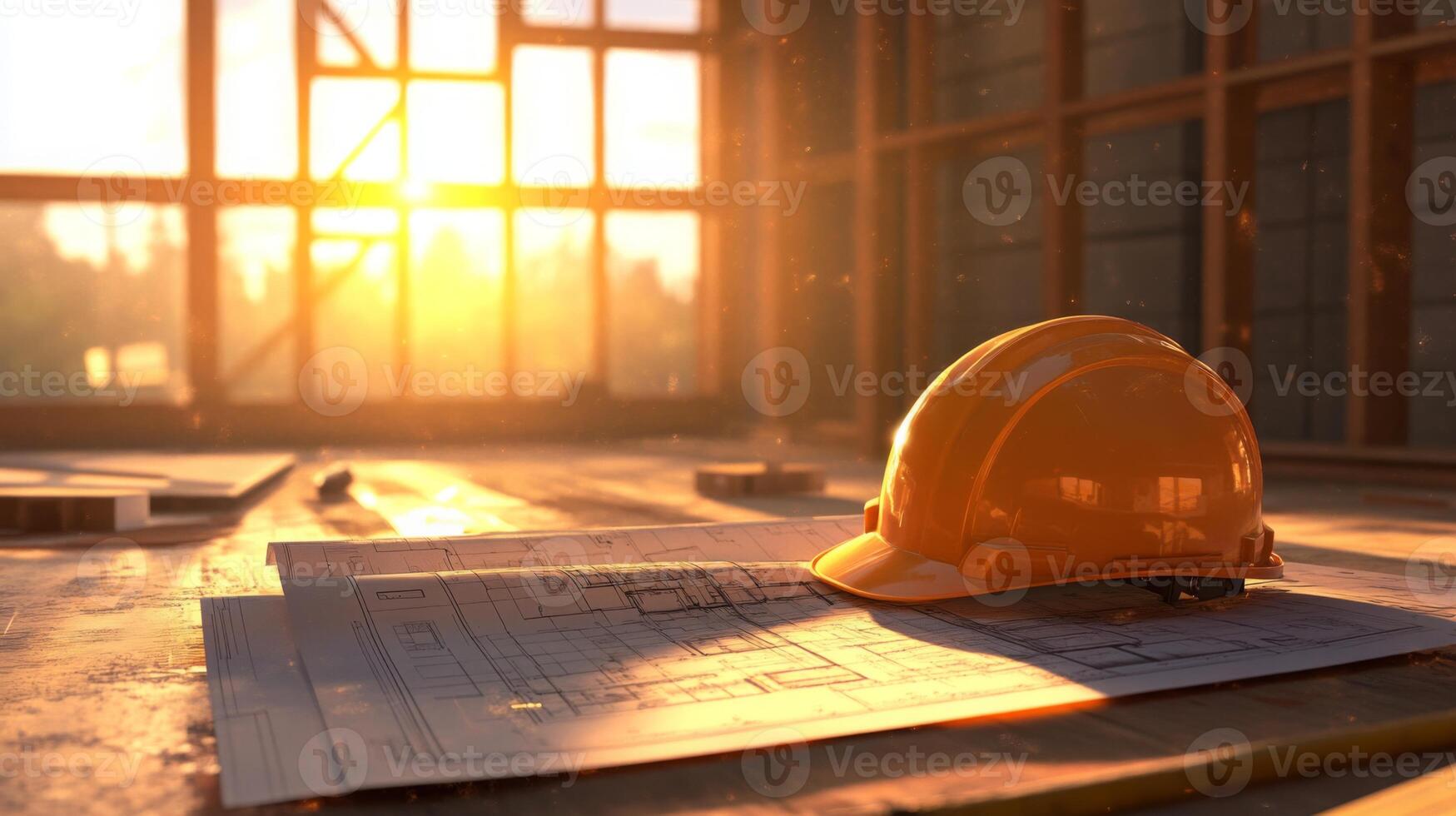 A construction site is bathed in warm sunset light, highlighting an orange hard hat resting on blueprints. The setting emphasizes the importance of safety and planning in building projects. photo