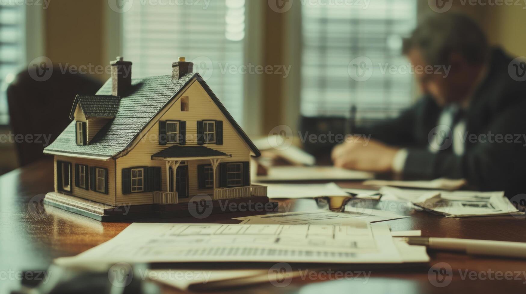 A miniature house model rests on a table filled with architectural plans as a suited individual focuses on paperwork, capturing the professional atmosphere of real estate. photo
