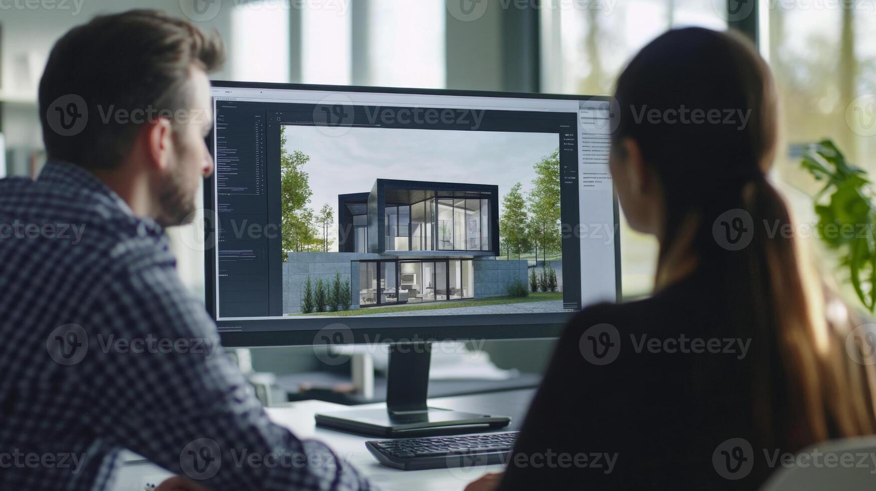 Two individuals are focused on a computer screen displaying a modern real estate design. photo