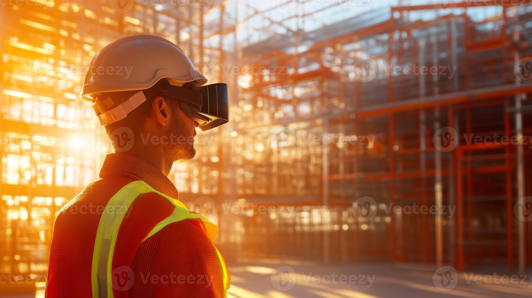 A construction worker wearing virtual reality goggles observes a building site illuminated by the warm glow of sunset. photo