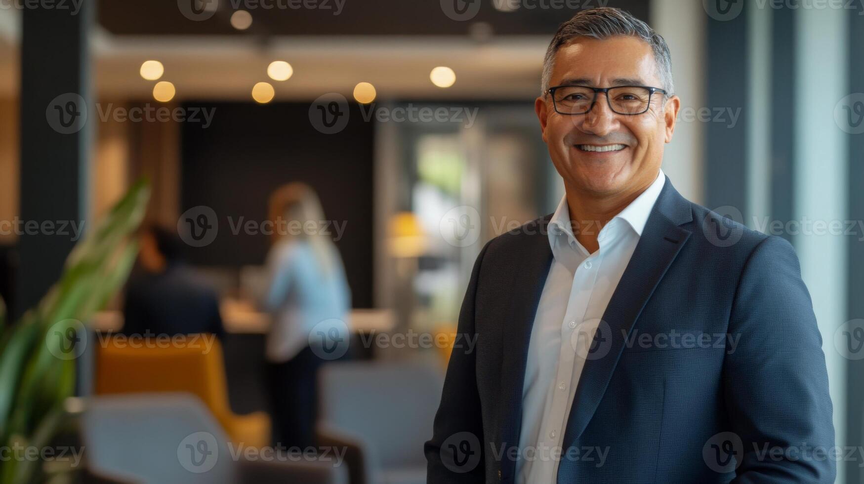A confident real estate agent stands in a sleek office, interacting with clients in the background. photo