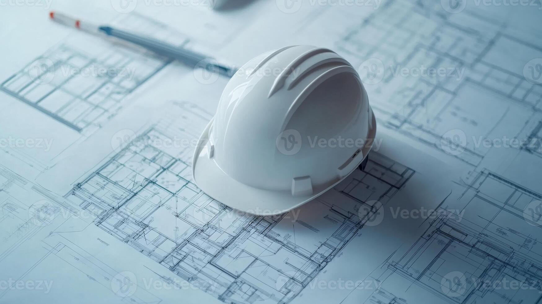 A white construction helmet rests on top of detailed architectural blueprints, symbolizing the planning phase of real estate development. photo