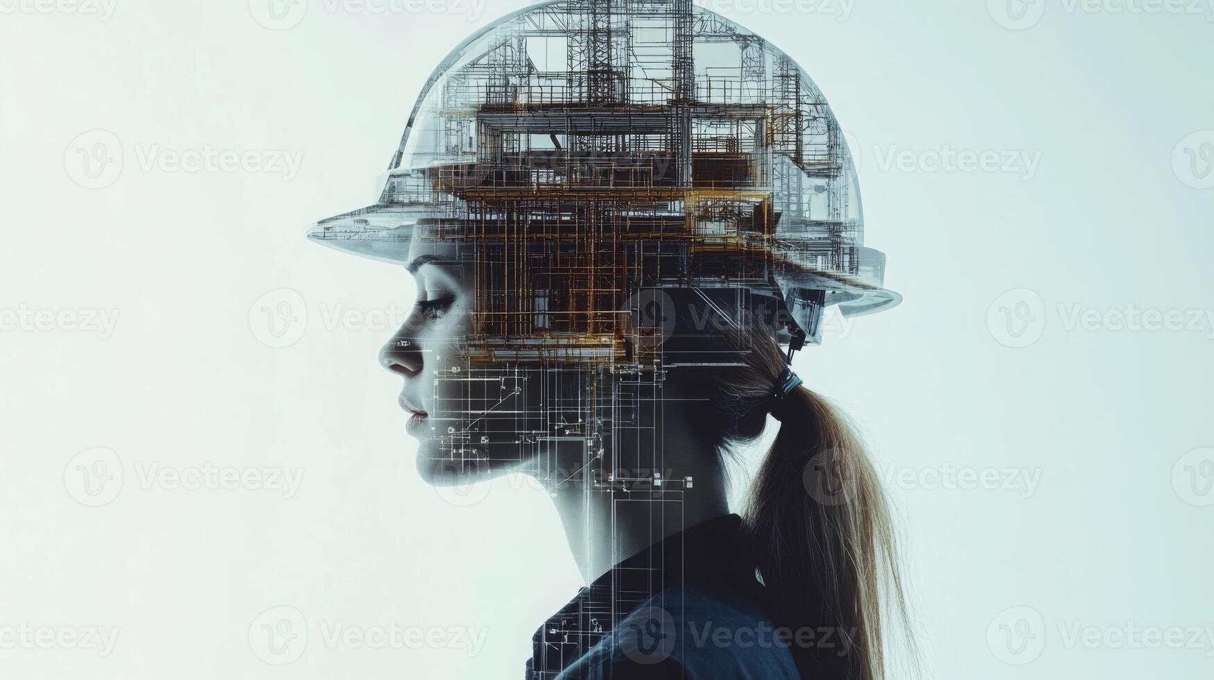 A female engineer is depicted in profile, wearing a transparent hard hat. Overlayed architectural designs and blueprints reflect her expertise in real estate and construction technology. photo