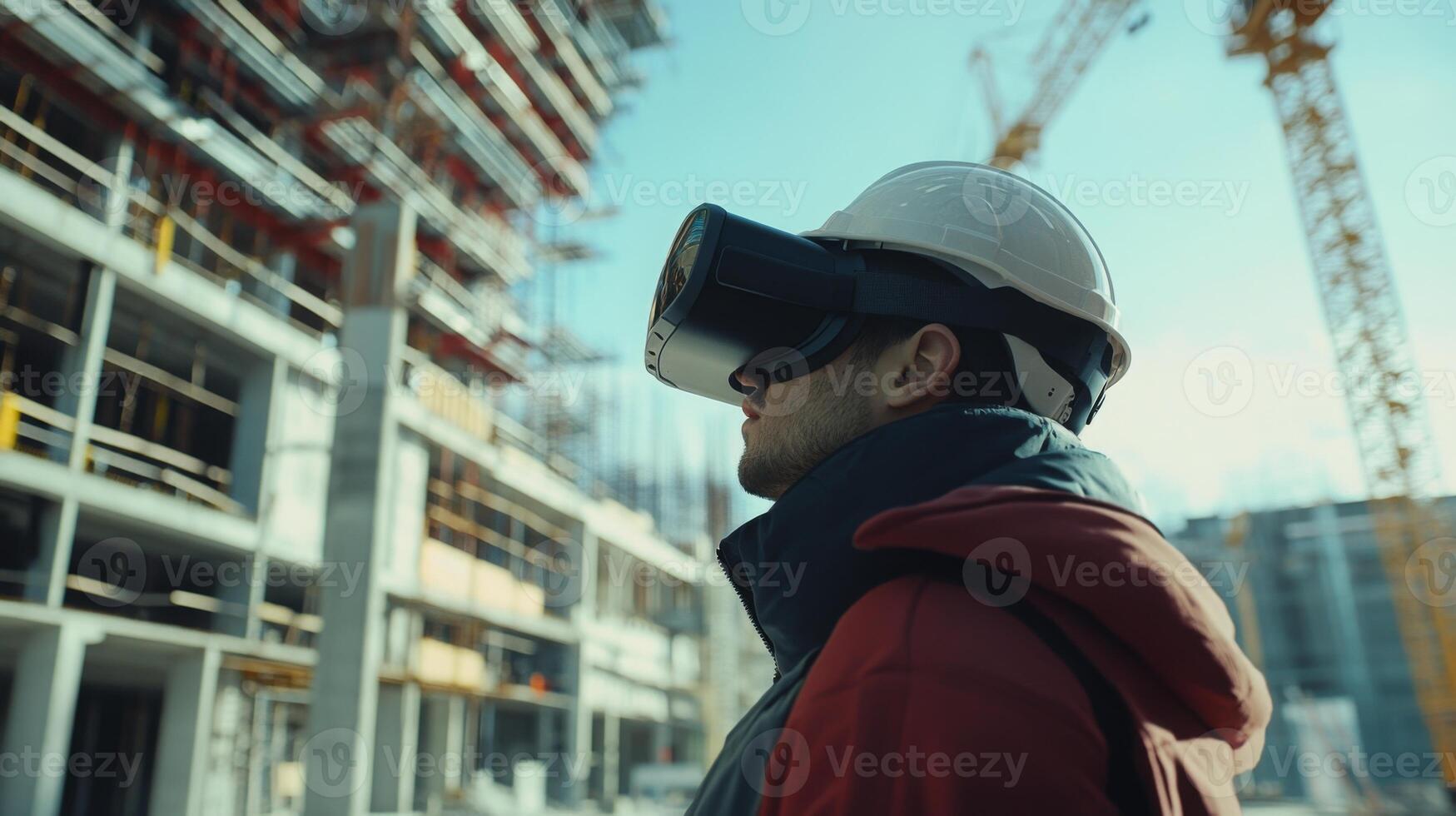 A construction professional uses virtual reality technology to visualize architectural plans at a busy development site. The experience aids in enhancing design accuracy and project efficiency. photo