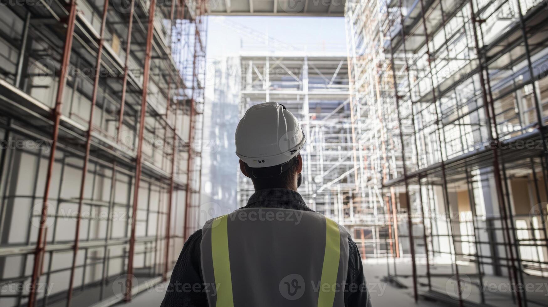 A construction worker wearing a helmet and safety vest inspects a developing real estate project surrounded by scaffolding. The structure is in the final stages under clear blue skies. photo
