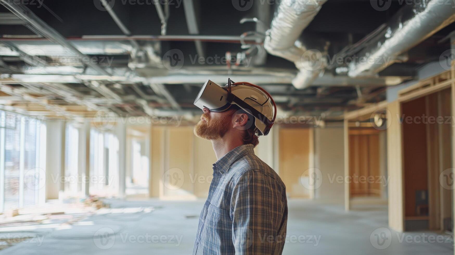 A man wearing a virtual reality headset and hard hat explores an empty construction site. The interior showcases exposed beams and unfinished walls, highlighting the potential for future development. photo