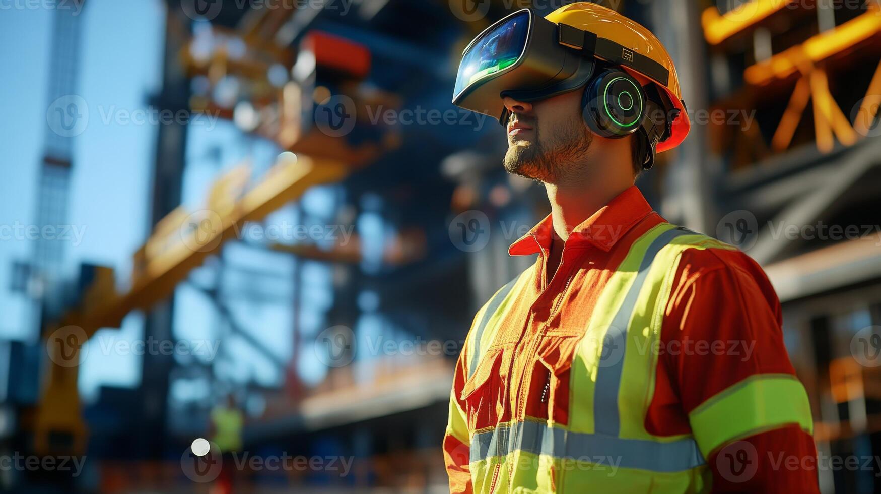 A construction worker utilizes virtual reality technology while on-site at a development location. The worker wears a VR headset, indicating a modern approach to real estate project management. photo