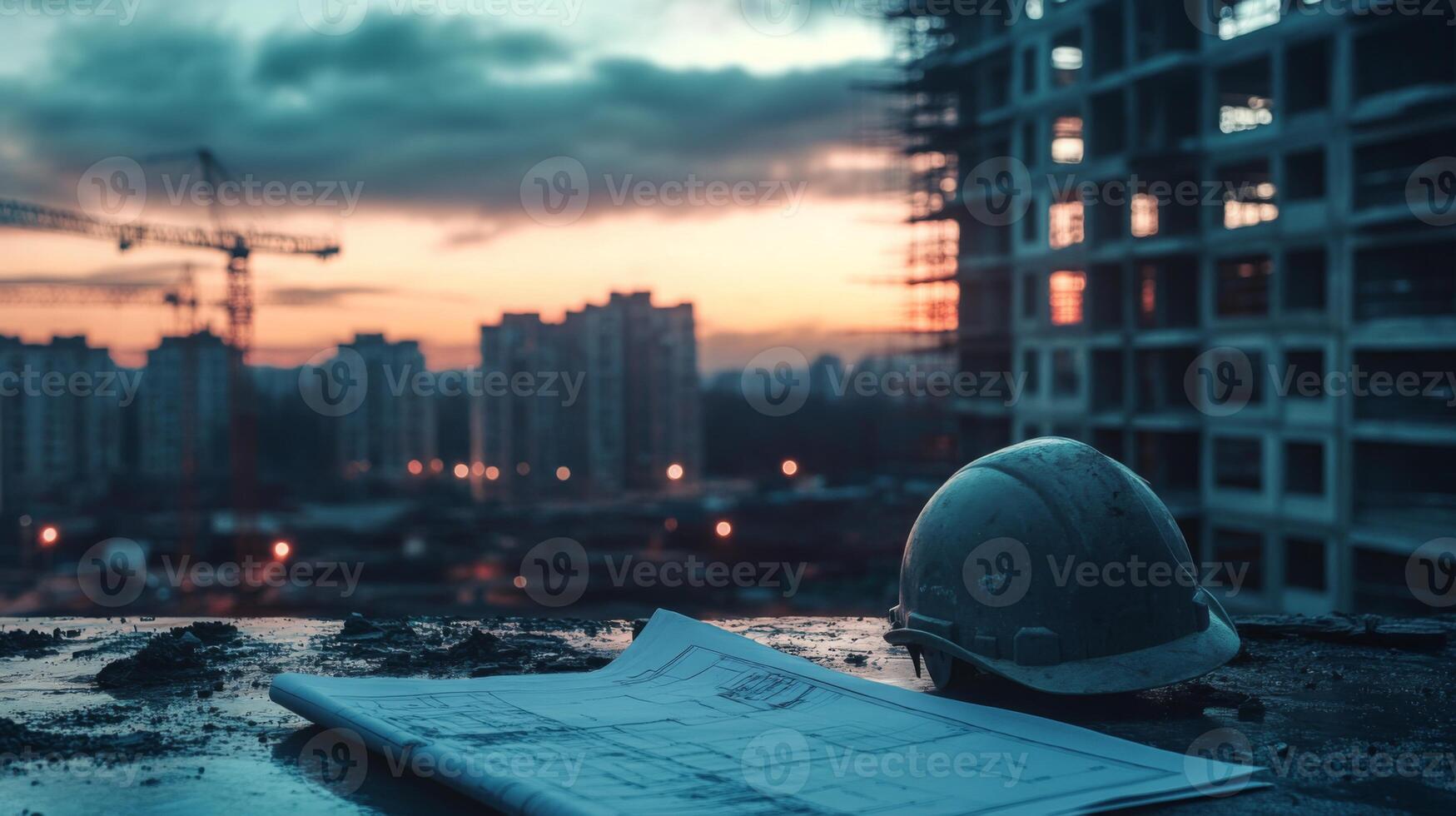 Construction plans lay on a ledge as a hard hat rests beside them. The sun sets behind a city skyline, casting a warm glow over the building site. Cranes can be seen working in the background. photo