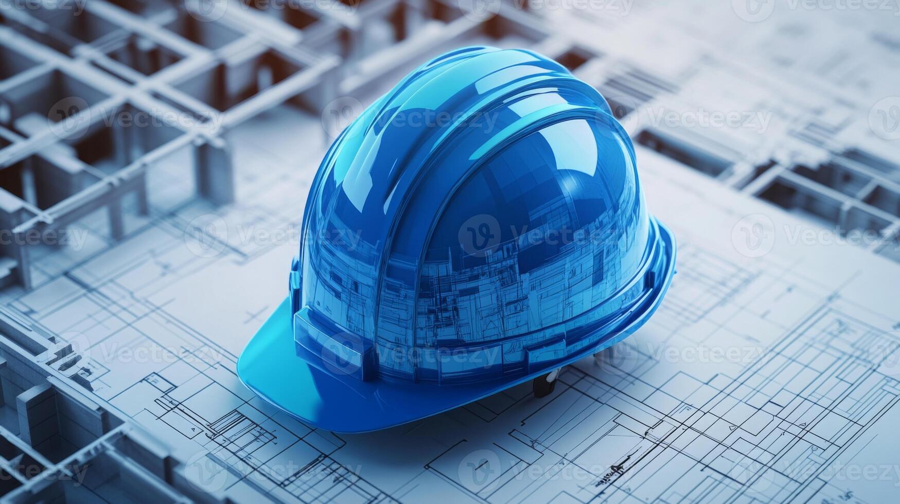 A blue hard hat is placed on detailed construction plans, symbolizing the intersection of architecture and real estate development. This scene reflects precision in planning and design. photo
