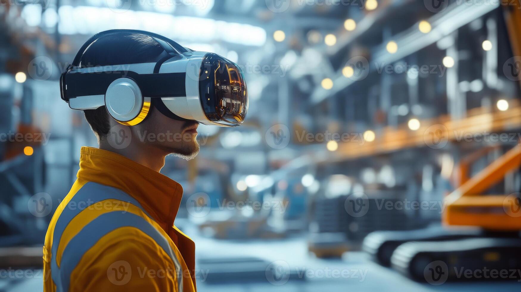 A professional in a safety jacket utilizes virtual reality technology to visualize real estate projects. photo