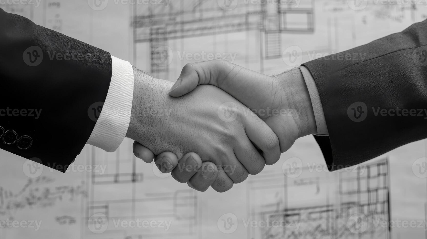 Two professionals shake hands, symbolizing a successful agreement in a real estate transaction. Detailed architectural plans serve as a backdrop, indicating collaboration and mutual goals. photo