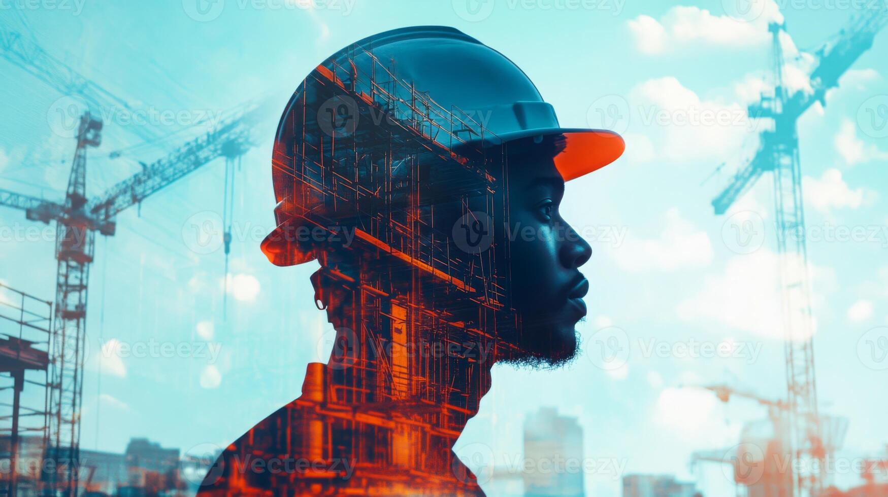 A construction specialist is seen in profile against a backdrop of cranes and buildings, symbolizing the dynamic world of real estate development. This visual captures innovation and progress. photo