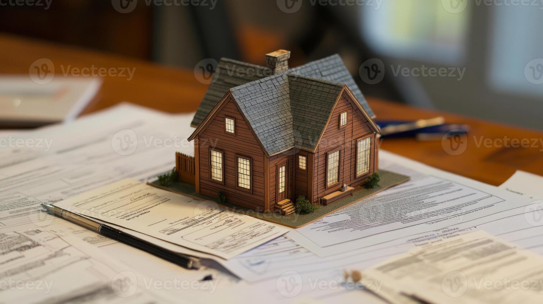 A small model house sits atop a cluttered desk covered with various real estate documents, showcasing the intersection of technology and property dealings. photo
