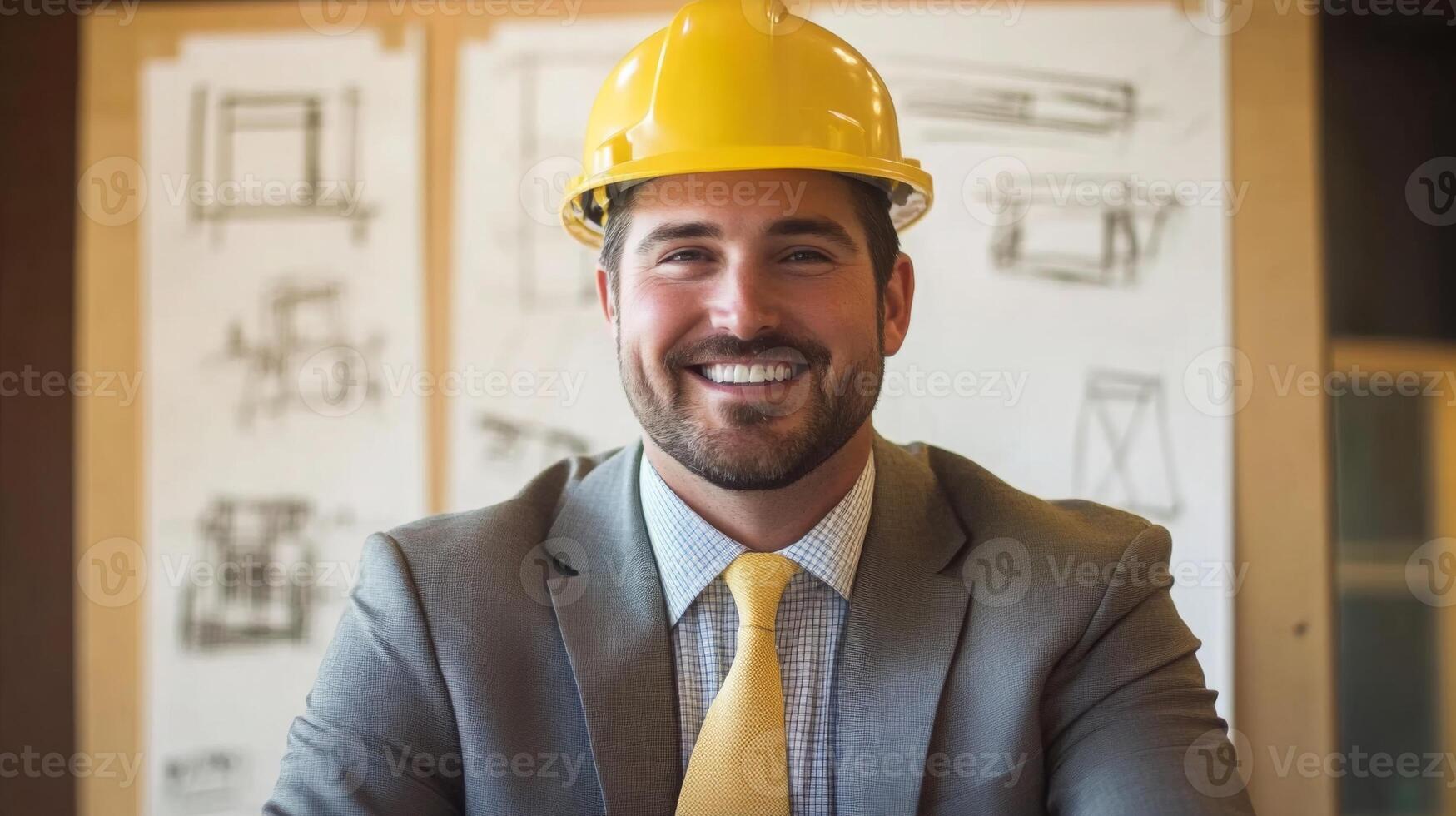 A real estate agent wearing a hard hat and formal attire is smiling at the camera. photo
