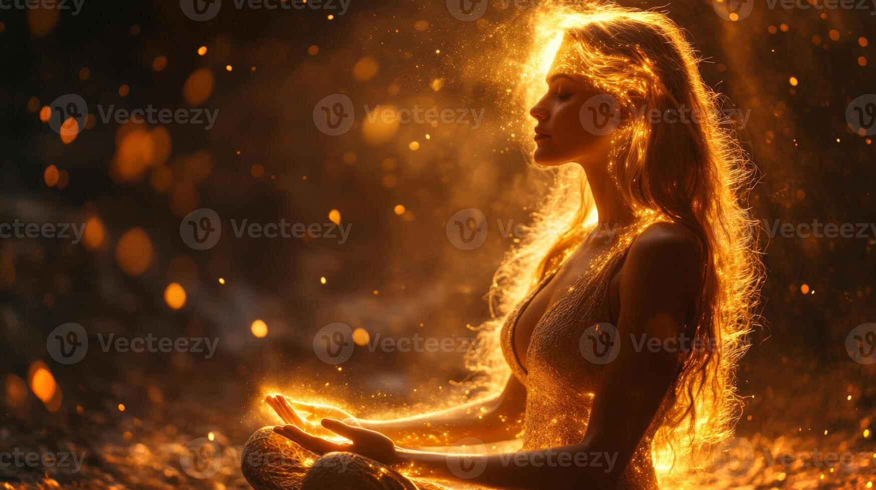 A woman sits cross-legged, meditating peacefully as warm light envelops her. Sparkling dust particles float around her, creating a tranquil and ethereal atmosphere. photo