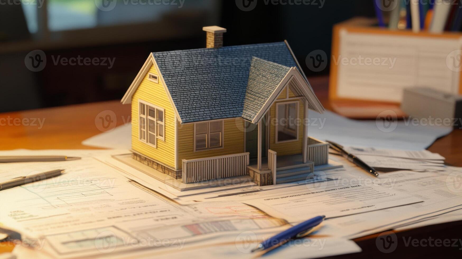 A detailed model of a house stands prominently on a cluttered desk filled with architectural plans and documents. Pens and stationery are scattered, showcasing a busy real estate project environment. photo