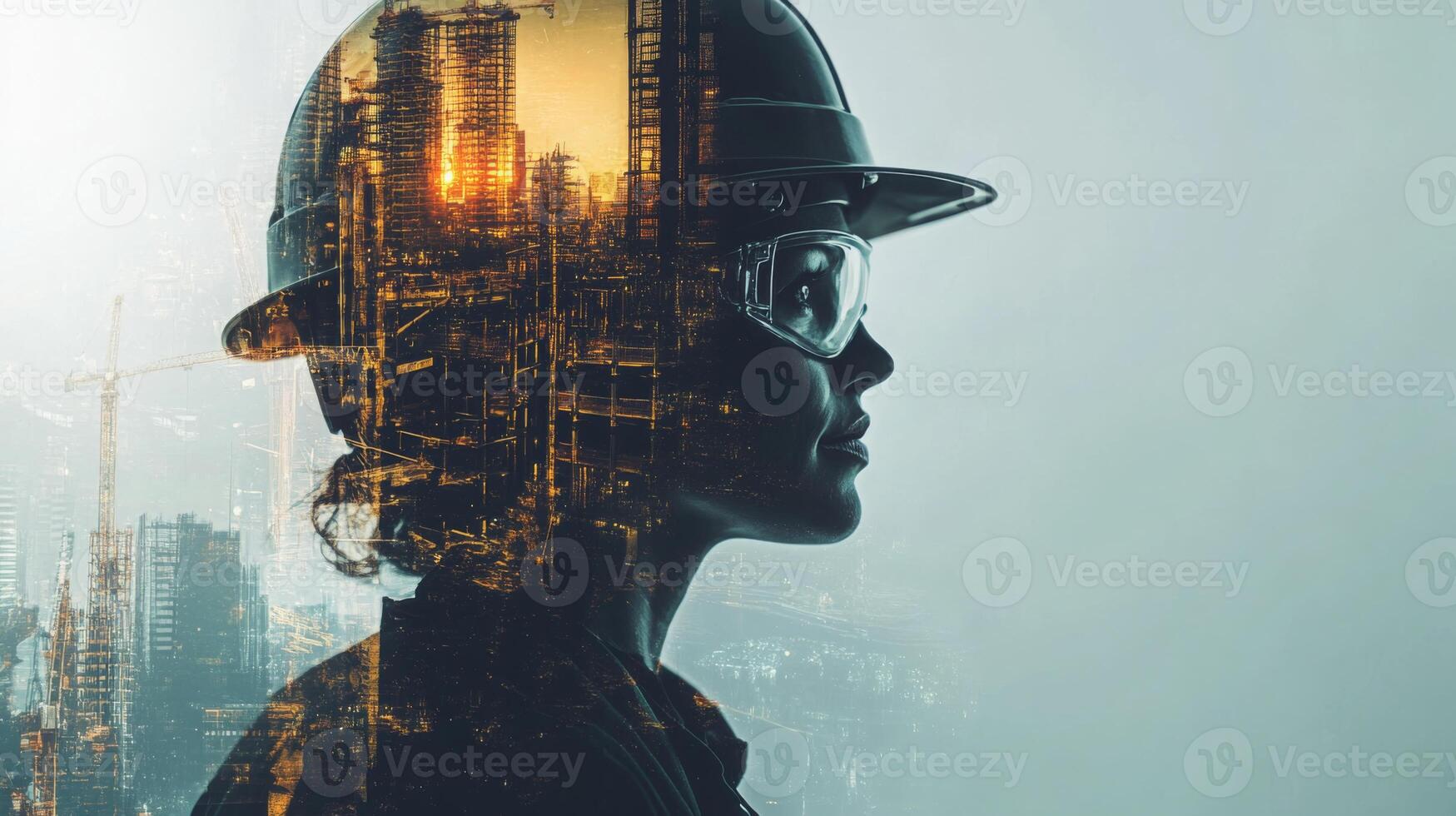 A female construction worker is silhouetted against a backdrop of city skyscrapers and construction sites. The image symbolizes the integration of AI in real estate development and urban planning. photo