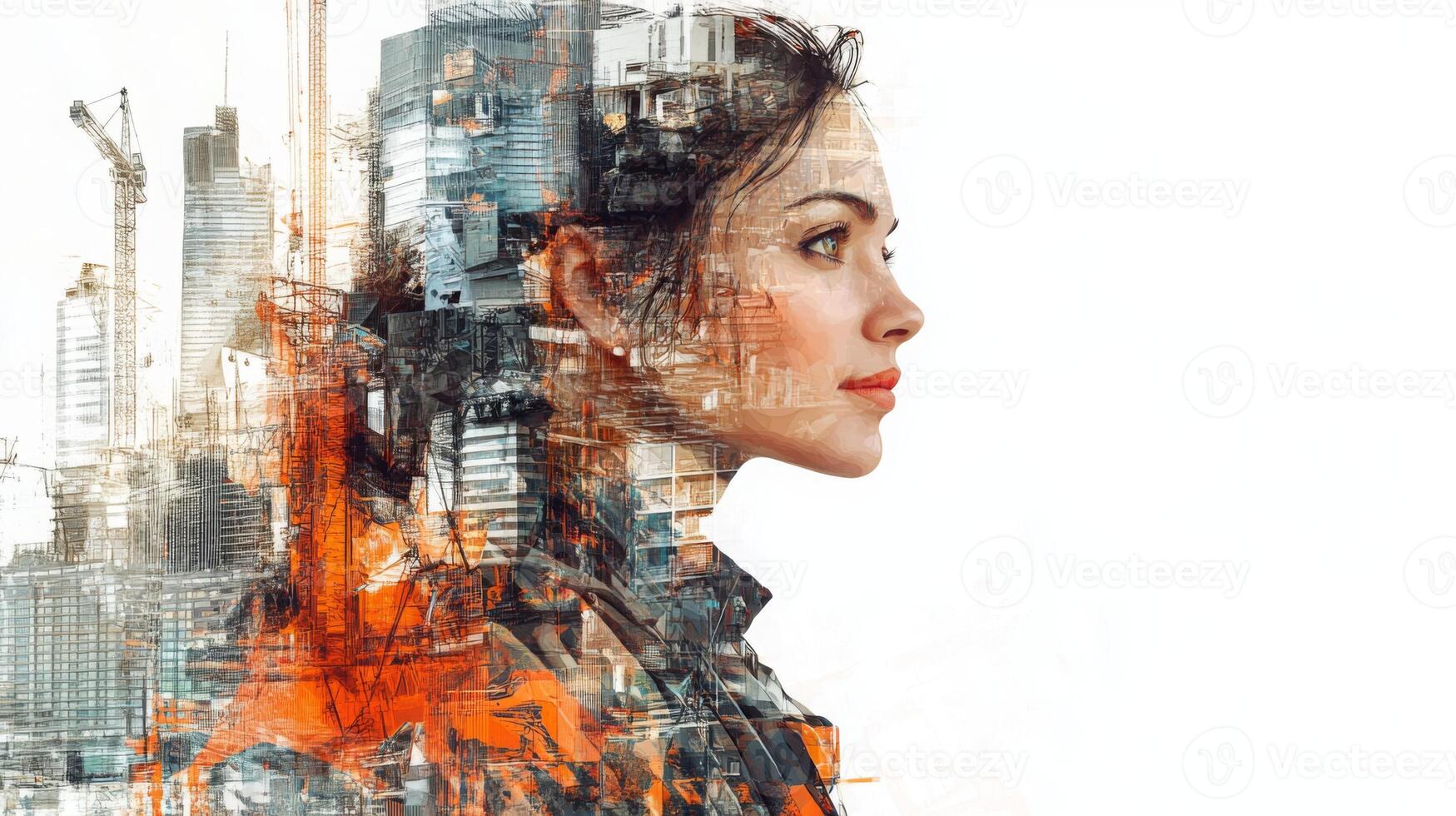 A captivating representation of a woman against a backdrop of a modern city skyline. The image illustrates the fusion of technology and real estate, showcasing innovation in urban development. photo