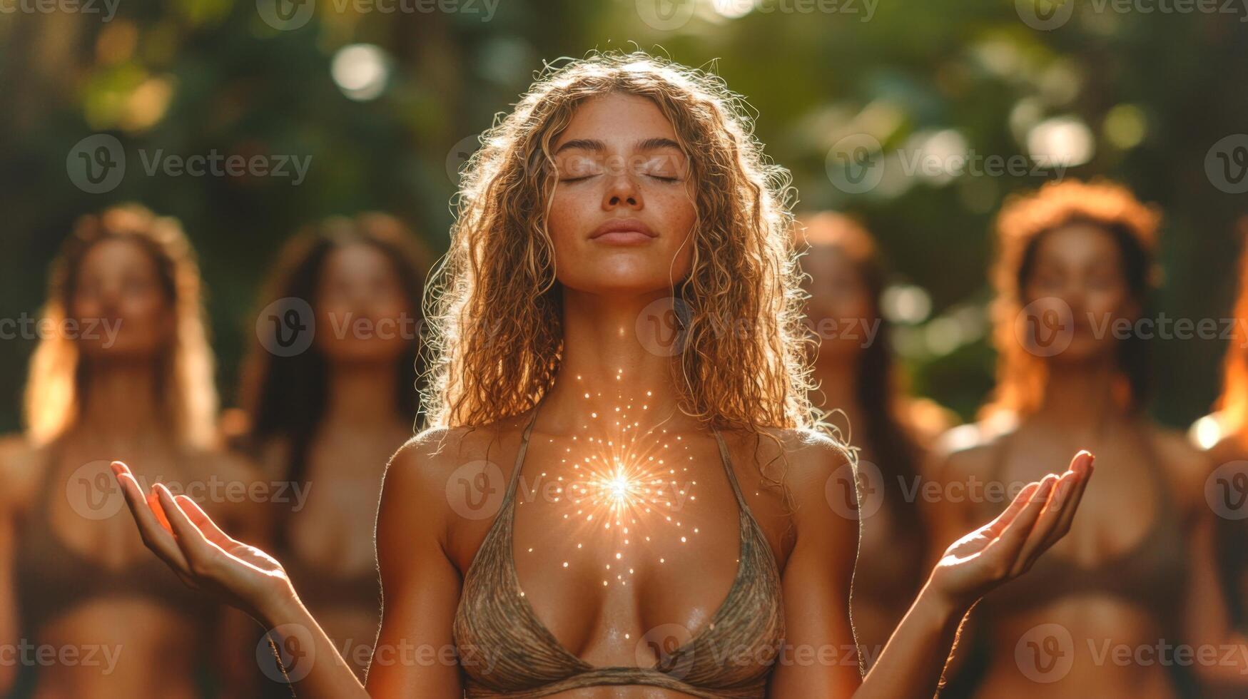 Several women in swimwear are meditating in a lush forest setting, exuding tranquility. The soft sunlight filters through the trees, creating a serene atmosphere filled with energy and peace. photo