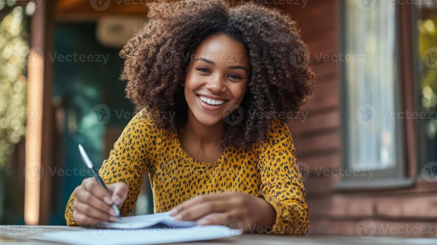 A woman with curly hair enjoys a sunny day while writing notes in a cozy outdoor setting. She is brainstorming ideas related to real estate and AI, smiling as she engages with her work. photo