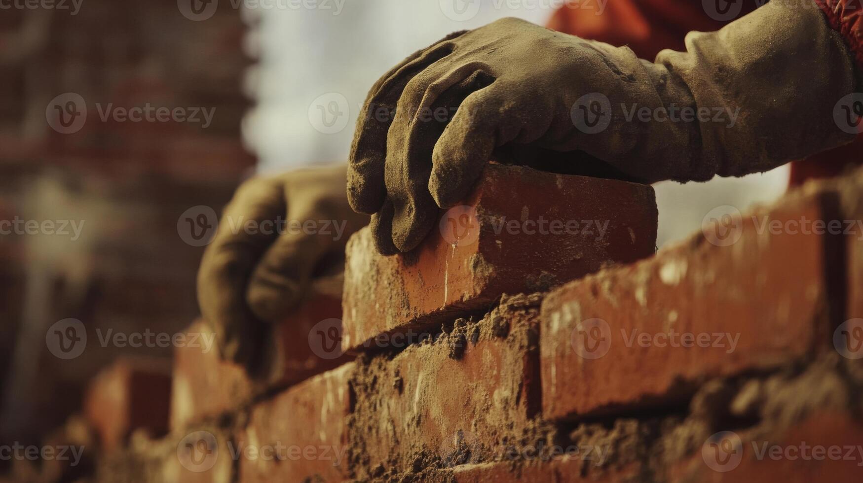 Skilled hands carefully stack bricks to create a sturdy wall at a construction site focused on real estate development. The activity highlights the craftsmanship involved in modern building projects. photo