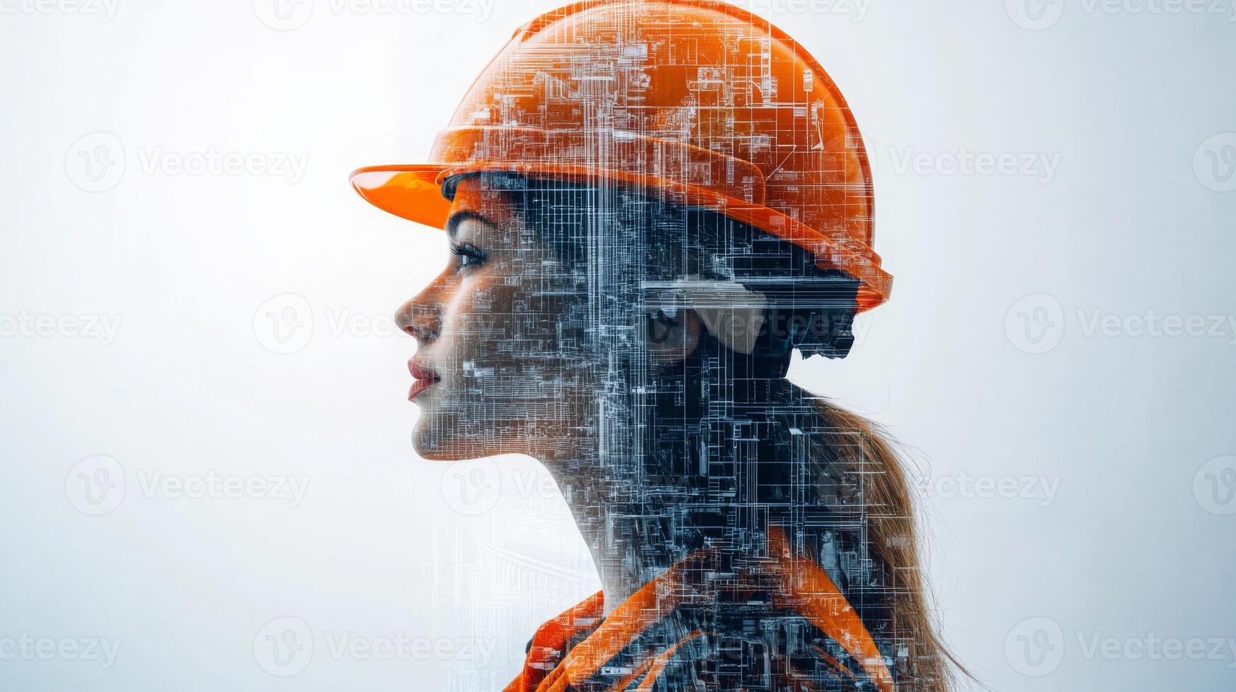 A construction professional wearing an orange hard hat stands in profile against a light background. photo