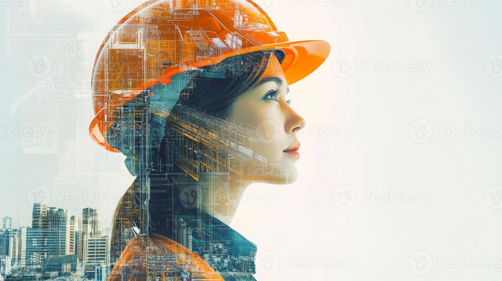 A female engineer wearing an orange hard hat looks towards the horizon, symbolizing the future of construction and real estate. The image creatively layers urban architecture with digital elements. photo