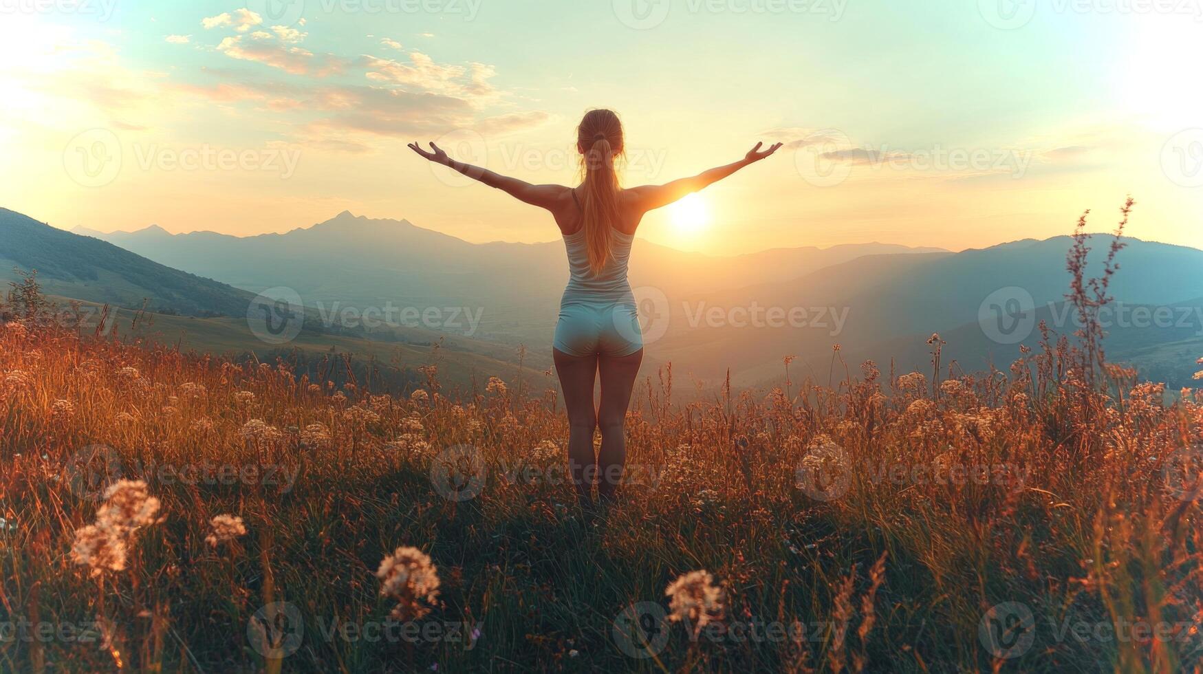A person stands on a hillside at sunset, arms outstretched to the skies, celebrating nature's beauty as the sun sets behind distant mountains. The scene radiates tranquility. photo