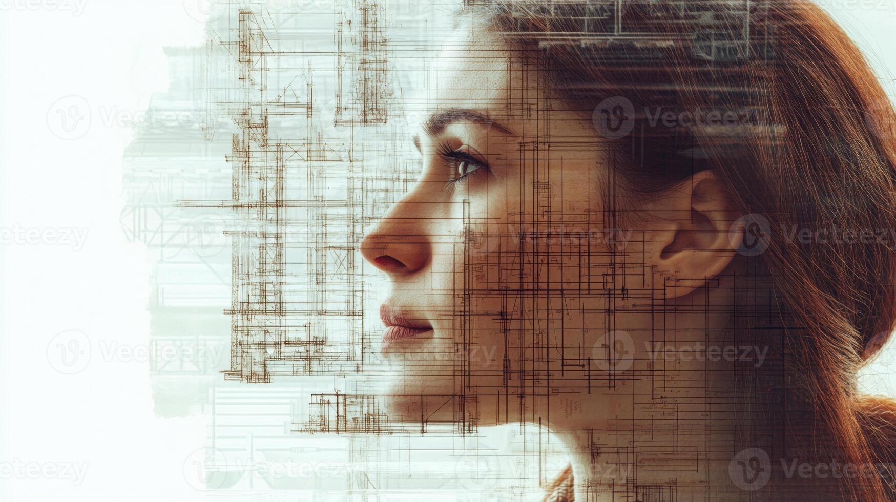 A professional woman contemplates innovative real estate solutions while surrounded by digital blueprints. photo