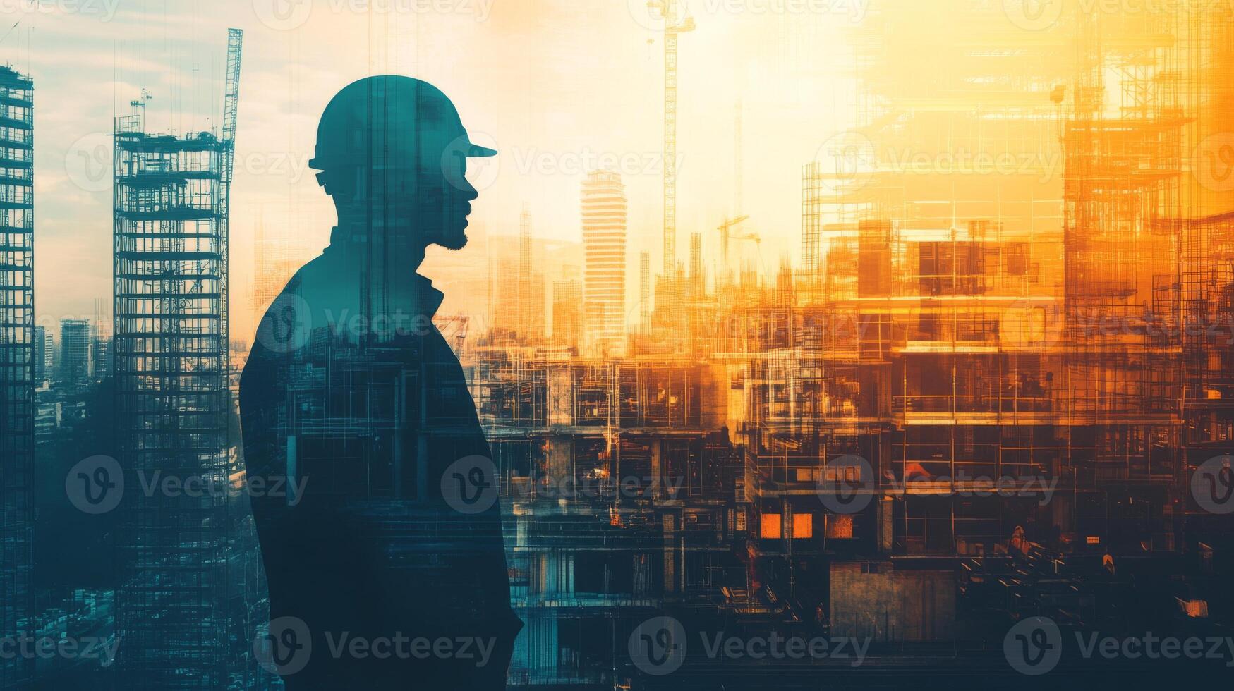 A construction professional stands silhouetted against a vibrant sunset, observing ongoing urban development. Surrounding structures highlight the dynamic nature of real estate projects in progress. photo