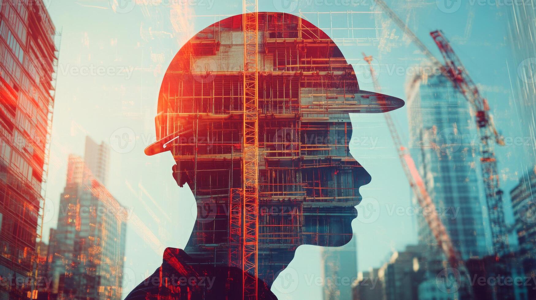 Silhouette of a construction worker wearing a hard hat against a backdrop of cranes and buildings. photo