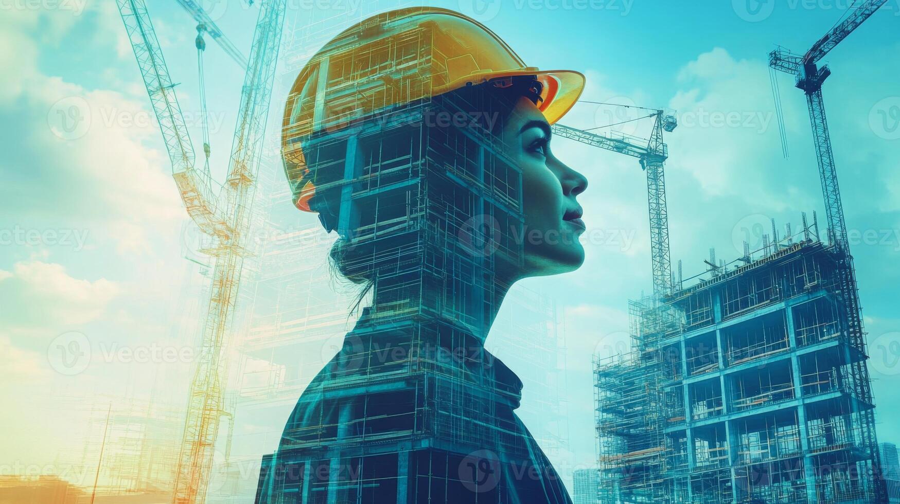 A woman wearing a hard hat stands confidently against a backdrop of construction cranes and buildings. Her silhouette overlays a blueprint indicating the integration of AI in real estate projects. photo