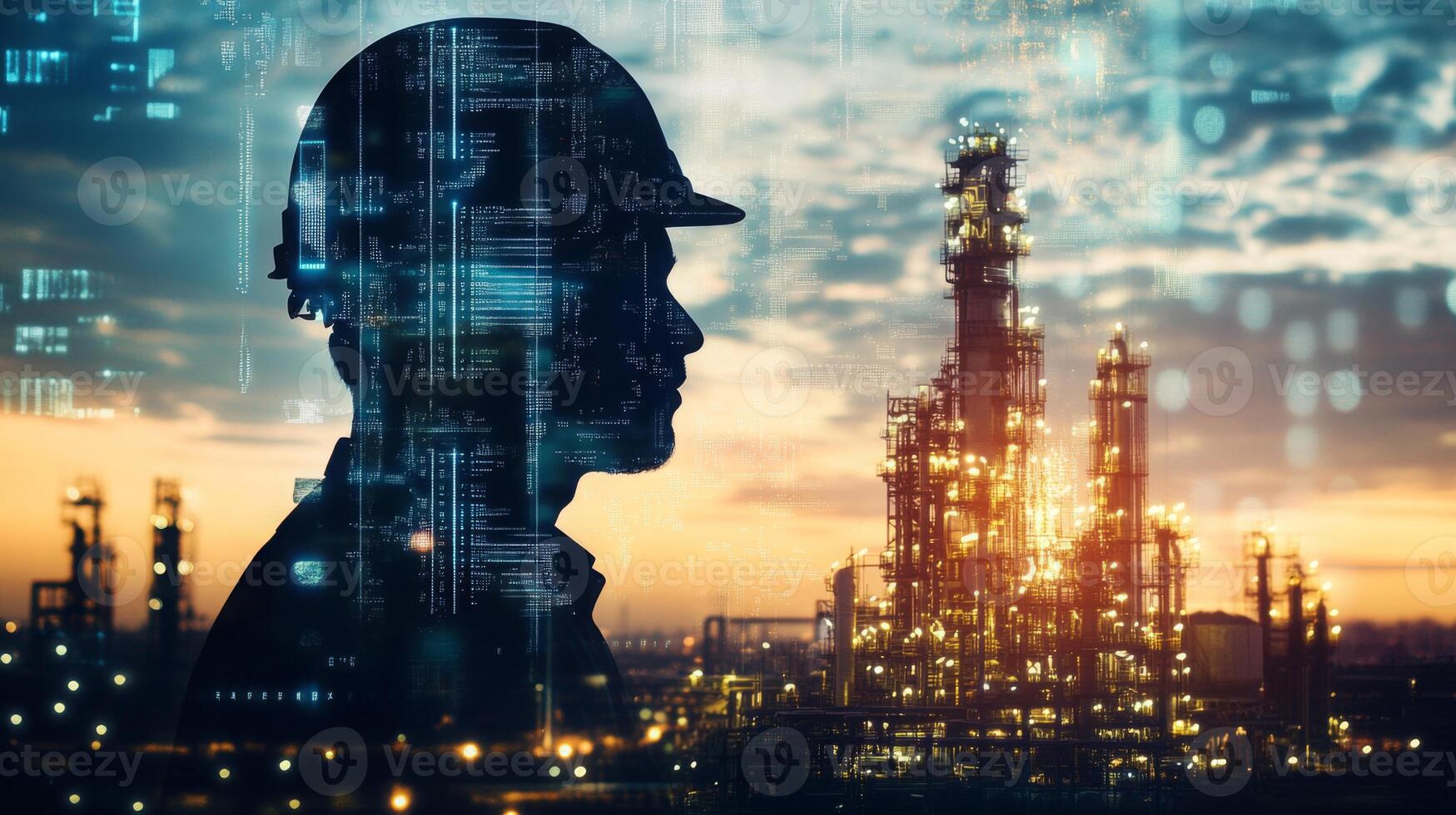 A silhouette of a construction worker wearing a hard hat stands against a vibrant city skyline at sunset. Digital elements and glowing lights highlight a modern industrial landscape. photo