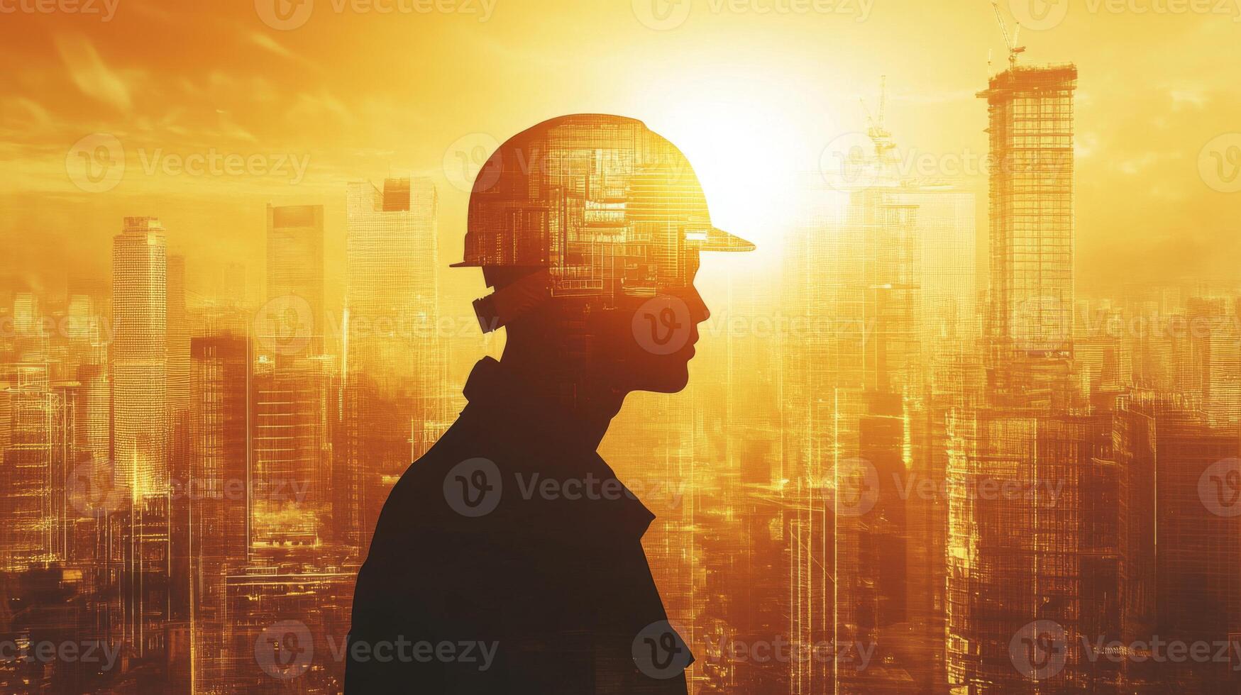 A construction worker stands silhouetted against a vibrant golden skyline as the sun sets behind tall buildings. The scene captures the essence of urban development and progress. photo