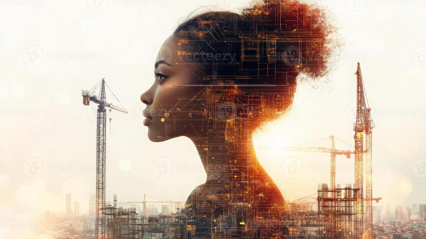 A silhouette of a young woman reflects the integration of artificial intelligence in real estate. Construction cranes rise behind her, symbolizing urban development at sunrise. photo