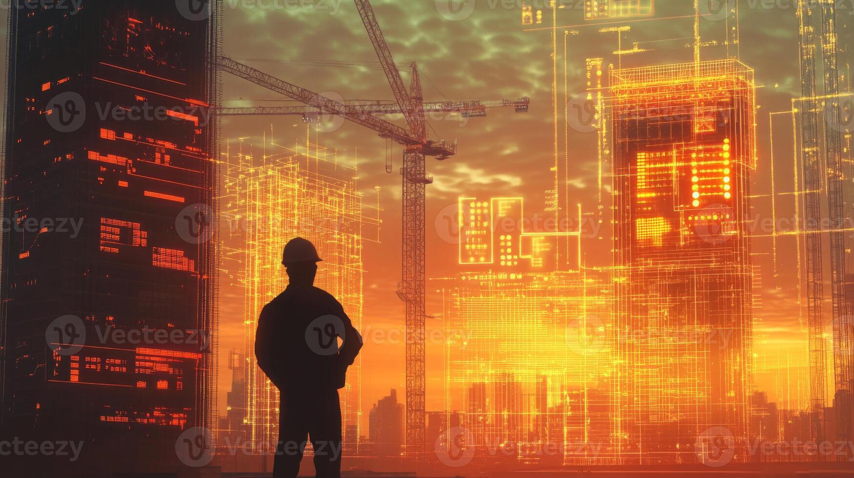 Silhouetted against a vibrant sunset, a figure in a hard hat observes a construction site. Digital overlays of building designs and cranes signal the integration of AI in real estate construction. photo