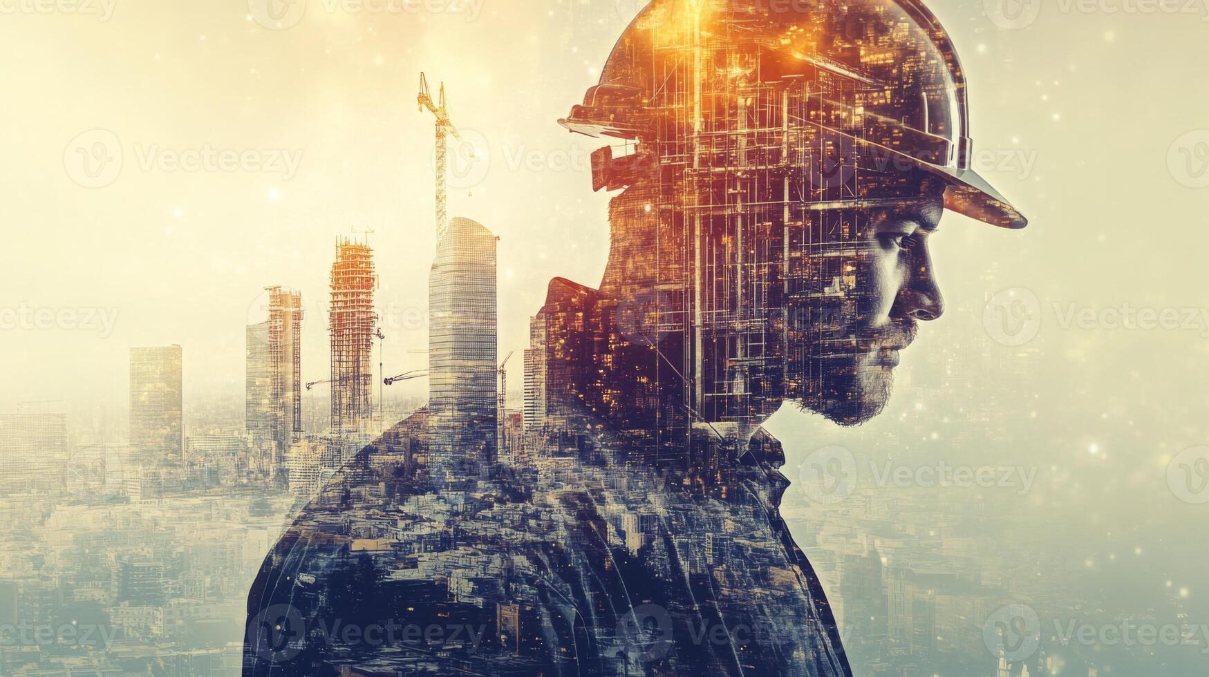 An engineer ponders as a futuristic cityscape forms from his silhouette, highlighting the blend of AI and real estate in contemporary urban planning. photo