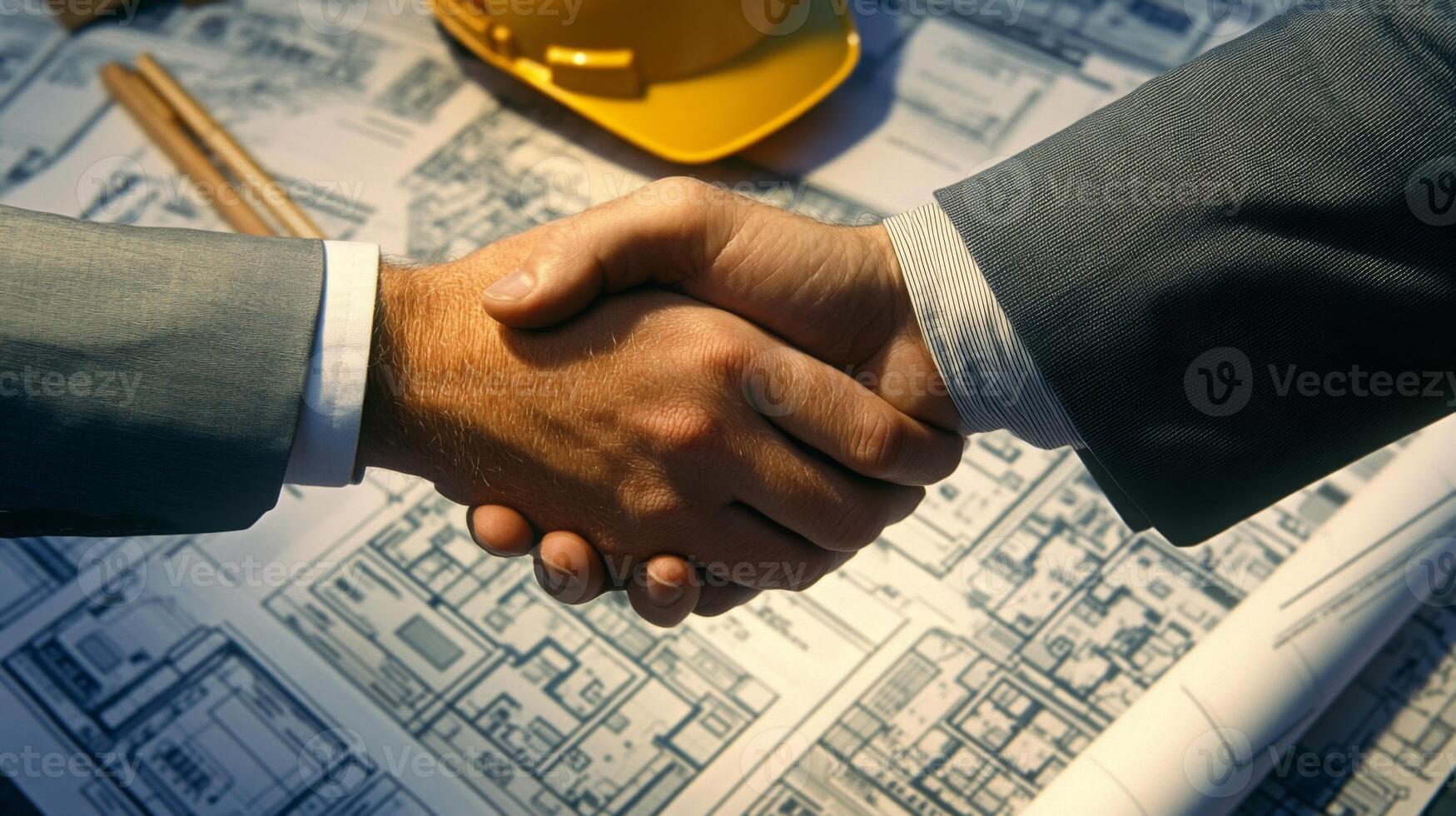 Two professionals shake hands over a detailed architectural plan at a construction site, signaling a partnership in real estate development. A hard hat indicates ongoing projects nearby. photo