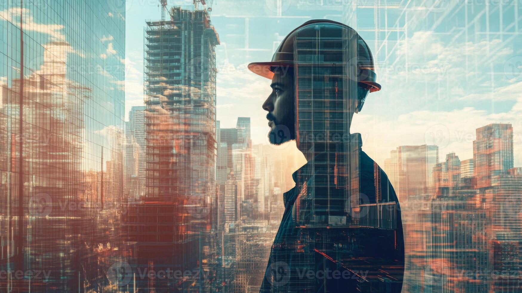 A construction expert stands against a city skyline, with overlays of digital designs illustrating the integration of AI. This moment captures the future of real estate transformation in urban areas. photo